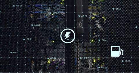 Data processing icons on computer server network with energy symbols