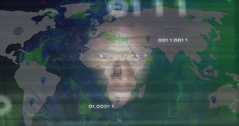 Hacker Viewing Digital World Map Overlay with Cyber Symbols