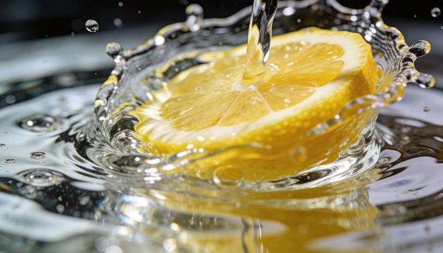 Lemon slice splashing under thin water stream forming crown splash and ripples