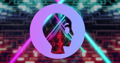 Futuristic Robot Silhouette in Neon Illuminated Tunnel