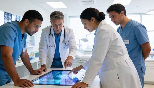 Multidisciplinary medical team examining interactive digital scans on touchscreen table