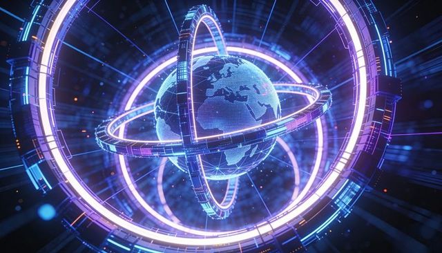 Rotating holographic globe with neon orbital rings over futuristic digital grid network