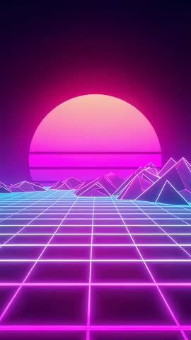 Neon Sun Rising Over Retro Grid and Low-Poly Mountains, Vertical Synthwave Video Loop