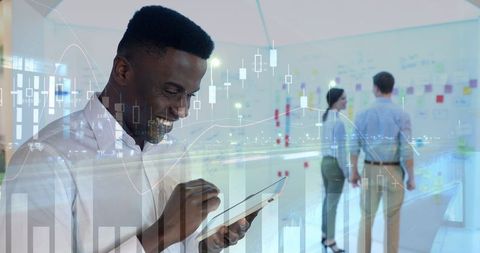 Smiling professional analyzing financial data on tablet for business insights