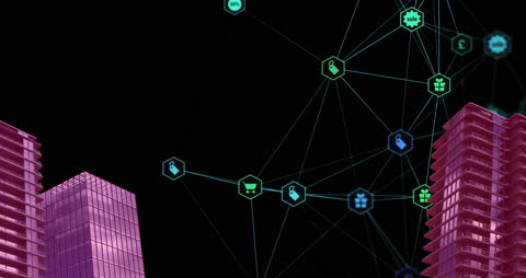 Futuristic Digital Network Interface Against Skyline