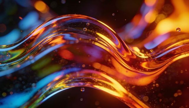 Shimmering glass ribbon reflecting orange and teal light, scattering droplets
