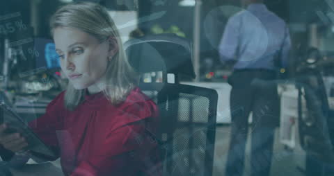 Caucasian Businesswoman Analyzing Data on Tablet in Modern Office