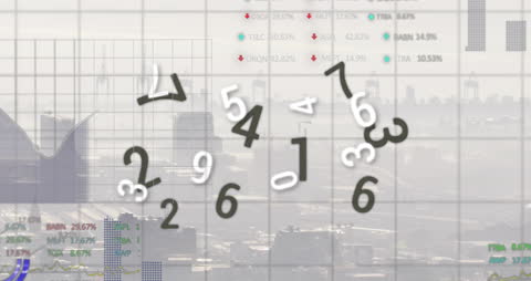 Financial Data Processing with Animated Numbers and Cityscape