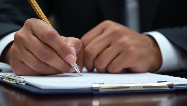 Executive signing contract with pen on clipboard closeup - business agreement concept