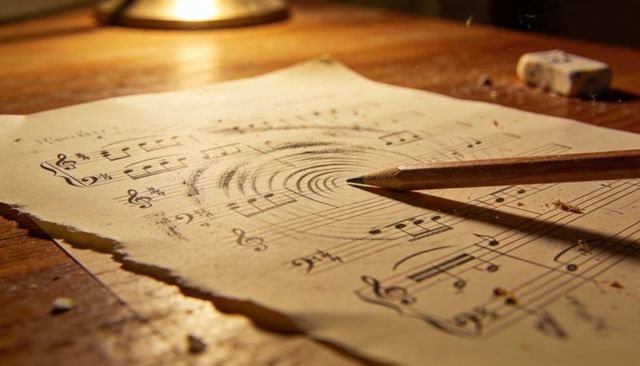 Handwritten Music Manuscript on Wooden Desk with Pencil and Eraser under Warm Lamp Vintage