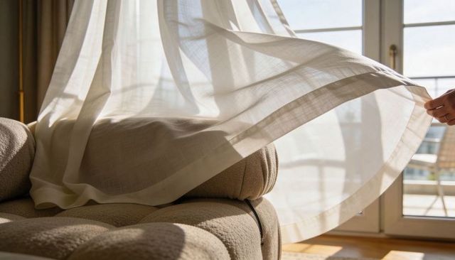 Sheer curtain billowing over tufted beige sofa in sunlit living room with balcony
