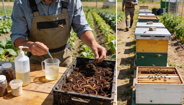 Farmer preparing worm culture and tending beehives on sustainable mixed farm