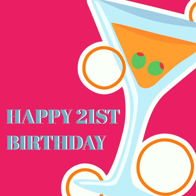 This vibrant 21st birthday invitation features a bold pink background with a stylish martini glass, complete with olives. Ideal for party invitations, social media posts announcing celebrations, or email invitations for a chic and fun milestone birthday party. Perfect for an adult celebrating their new drinking age with a festive night out or a cocktail party.