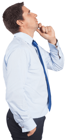 Thinking businessman touching his chin, transparent background
