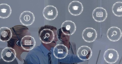 Manager Guiding Call Center Team Through Digital Training with Analytics Icons Overlay