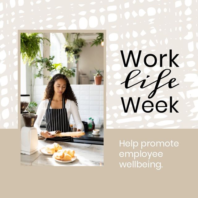 Image of national work life week and biracial woman cocking. Work life balance, mental and physical health concept.