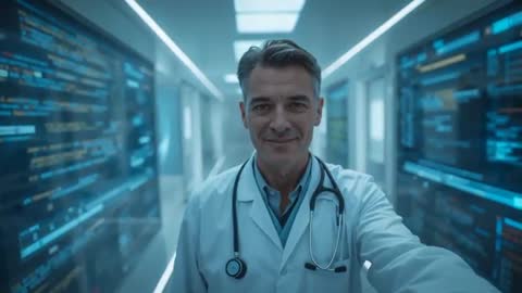 Doctor Walking Hospital Rounds While Reviewing Digital Patient Data on Corridor Monitors