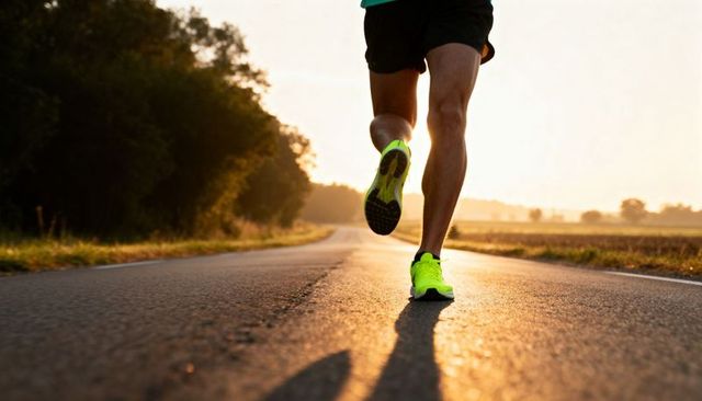 Male runner sprinting down sunlit rural road at sunrise with neon running shoes