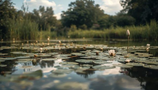 Serene white water lily floating among lily pads and bud on reflective pond surface