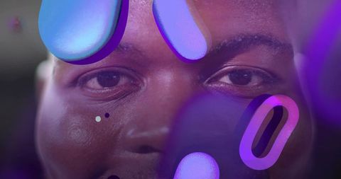 Closeup creative portrait featuring neon purple-blue 3d shapes and abstract overlays