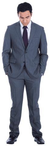 Transparent Sad Asian Businessman in Pinstripe Suit Looking Down