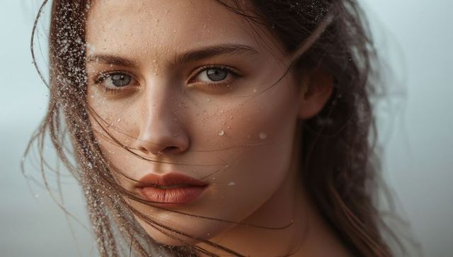Young woman gazing through sea spray with wind-tossed hair, water droplets on skin