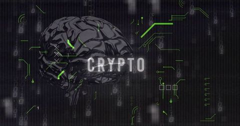 Glowing metallic brain overlaying crypto text with neon circuitry and binary streams