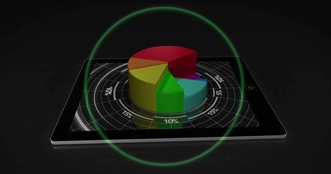 Futuristic Tablet Displaying 3D Pie Chart and Glowing Analytics