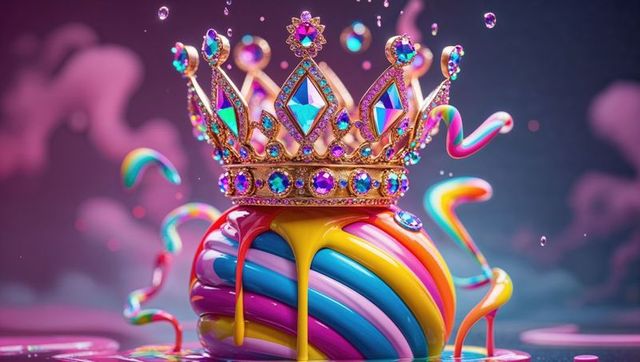 Opulent crown with jewel embellishments atop vivid rainbow swirl
