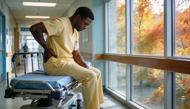 Nurse in yellow scrubs clutching lower back while sitting on stretcher in hospital corridor