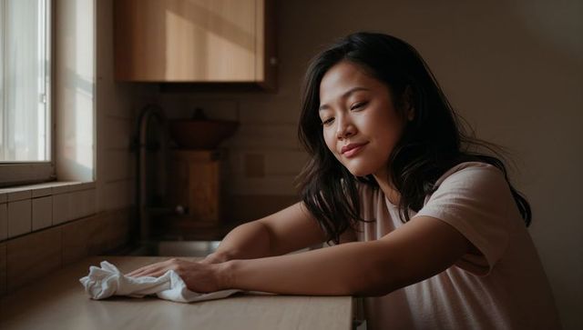 Asian woman wiping wooden kitchen counter while leaning at sink in cozy natural light