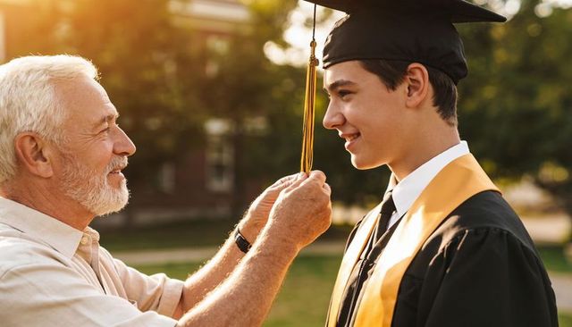 Grandfather adjusting tassel on smiling graduate during outdoor commencement