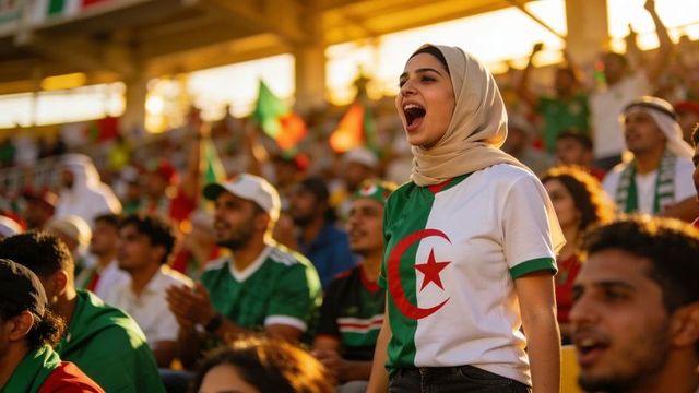 Algerian football fan cheering in hijab at sunlit stadium showing national pride
