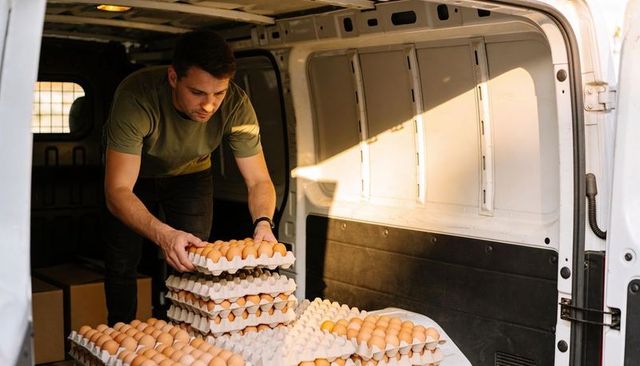 Delivery worker loading and stacking trays of fresh brown eggs into cargo van at sunrise