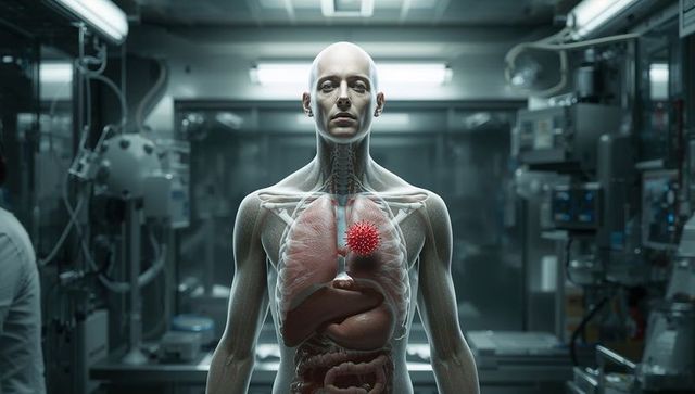 Translucent Human Torso Showing Internal Organs with Viral Particle in Lung Laboratory