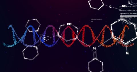 Digital DNA Strand with Chemical Structures in Purple Background