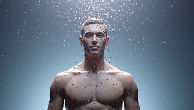 Athletic male model with water droplets floating in air