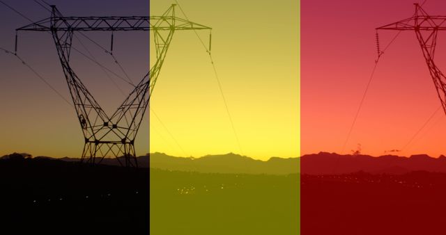 Belgium Flag Overlay on Power Lines at Sunset - Download Free Stock Images Pikwizard.com