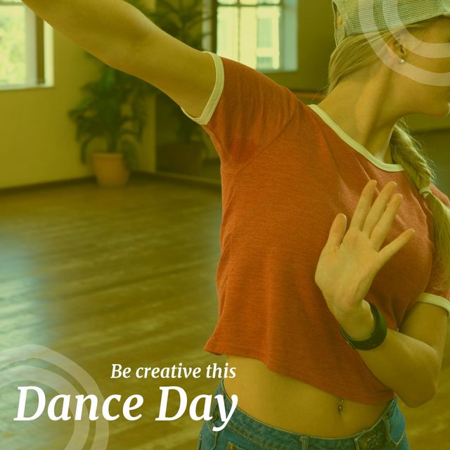 Composite of caucasian woman practicing dance in studio and be creative this dance text. National dance day, dance, art, unesco, awareness and celebration concept.