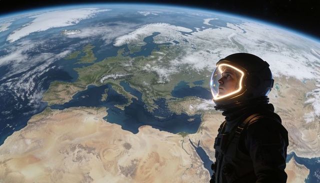Astronaut gazing at earth from low orbit above sahara with illuminated helmet