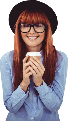 Smiling Hipster with Coffee and Glasses on Transparent Background