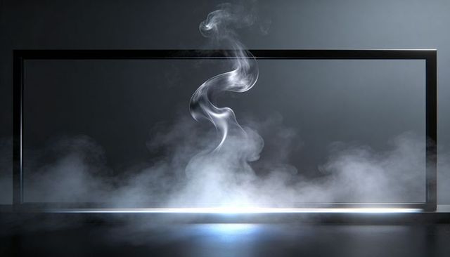 Cinematic smoke rising behind metal-framed glass panel with backlight and glossy floor
