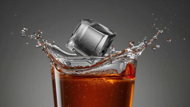 Ice cube creating crown splash in whiskey tumbler closeup, amber liquid motion, droplets