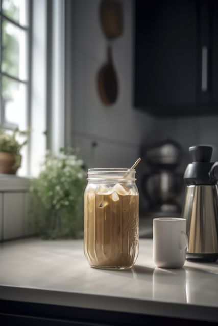 Glass of iced cafe latte on counter in kitchen, created using generative ai technology. Coffee, summer, cafe, drinks and refreshments concept digitally generated image.