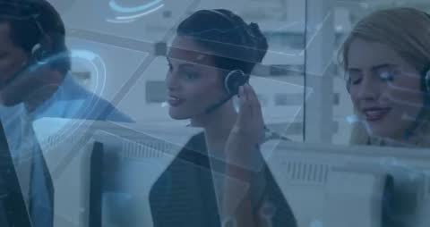 Customer Service Professionals Engaging with Futuristic Digital Interface