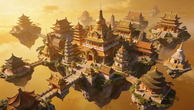 Golden floating temple city above cloud sea with ornate pagodas, stupas and stone bridges