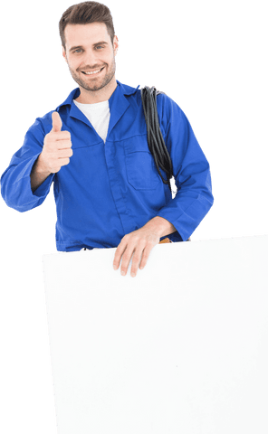 Happy Repairman With Transparent Blank Billboard Giving Thumbs Up