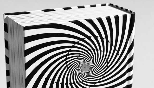 Hypnotic spiral hardcover book with black-and-white op art wrap and striped spine