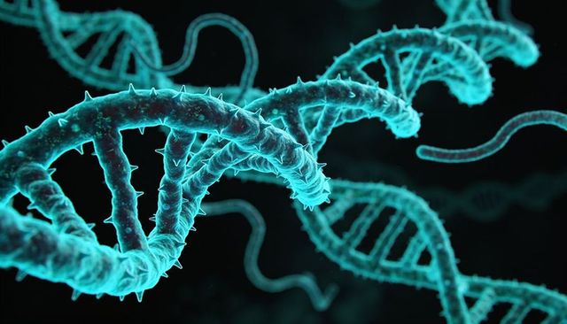 Teal spiked dna double helix strands floating in dark microscopic molecular field