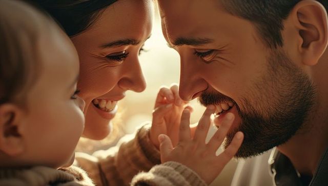 Smiling parents leaning toward infant reaching tiny hands, warm cozy family moment